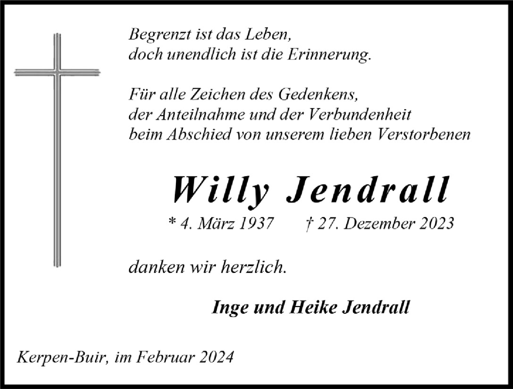  Traueranzeige für Willy Jendrall vom 16.02.2024 aus  Werbepost 