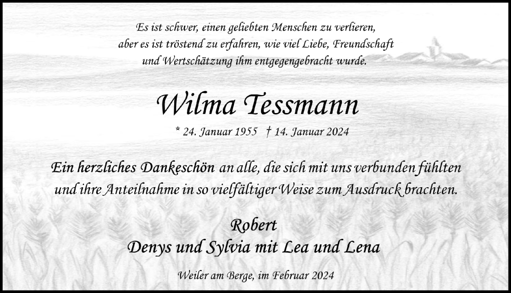  Traueranzeige für Wilma Tessmann vom 24.02.2024 aus  Blickpunkt Euskirchen 