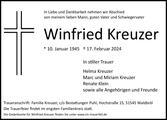Anzeige von Winfried Kreuzer von  Lokalanzeiger 