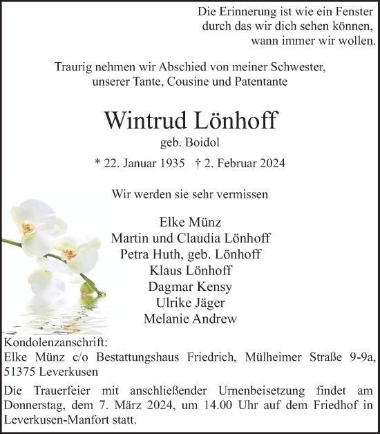 Anzeige von Wintrud Lönhoff von Kölner Stadt-Anzeiger / Kölnische Rundschau / Express