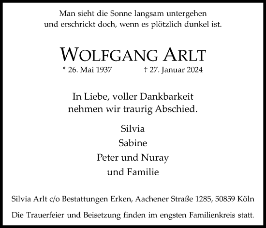 Anzeige von Wolfgang Arlt von Kölner Stadt-Anzeiger / Kölnische Rundschau / Express
