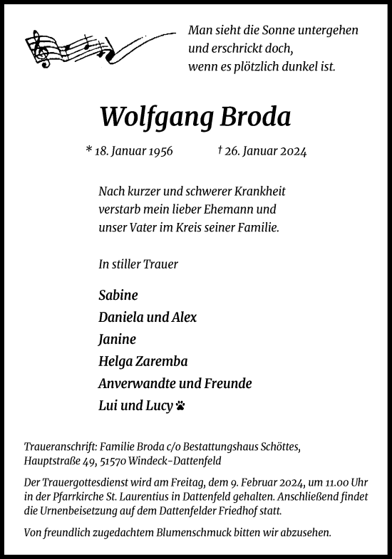 Anzeige von Wolfgang Broda von Kölner Stadt-Anzeiger / Kölnische Rundschau / Express