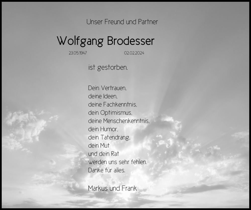  Traueranzeige für Wolfgang Brodesser vom 10.02.2024 aus Kölner Stadt-Anzeiger / Kölnische Rundschau / Express