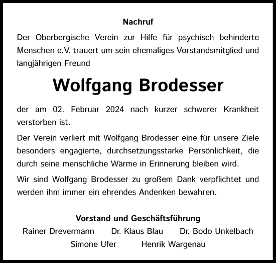 Anzeige von Wolfgang Brodesser von Kölner Stadt-Anzeiger / Kölnische Rundschau / Express