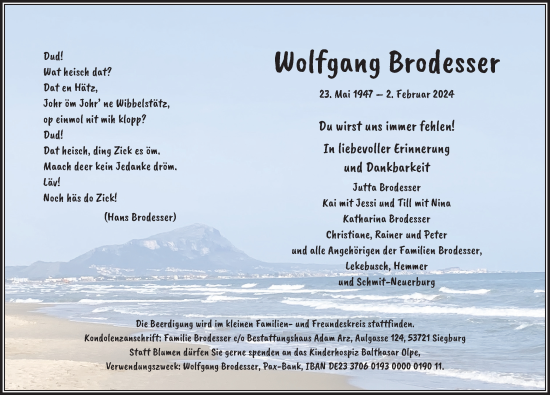 Anzeige von Wolfgang Brodesser von Kölner Stadt-Anzeiger / Kölnische Rundschau / Express