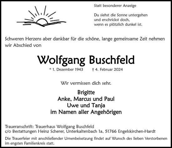 Anzeige von Wolfgang Buschfeld von  Anzeigen Echo 