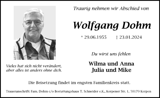 Anzeige von Wolfgang Dohm von  Werbepost 