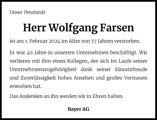 Anzeige von Wolfgang Farsen von Kölner Stadt-Anzeiger / Kölnische Rundschau / Express