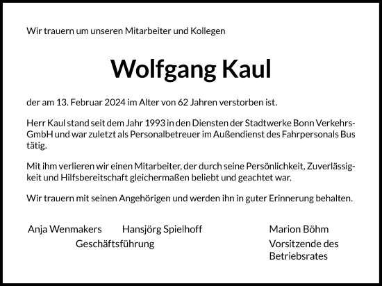 Anzeige von Wolfgang Kaul von Kölner Stadt-Anzeiger / Kölnische Rundschau / Express