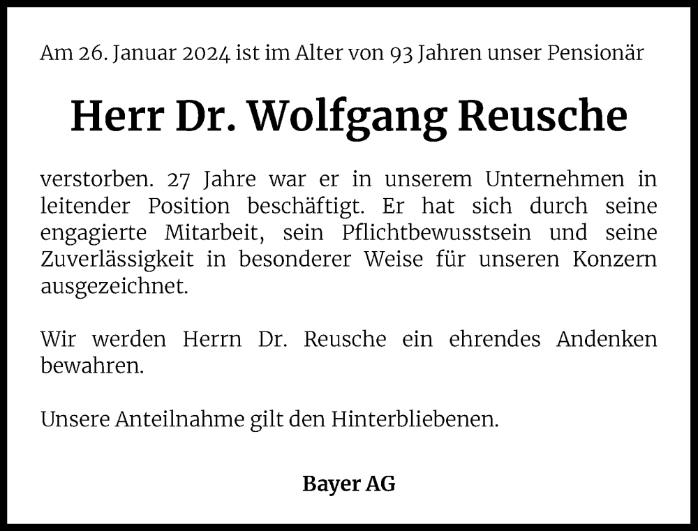  Traueranzeige für Wolfgang Reusche vom 24.02.2024 aus Kölner Stadt-Anzeiger / Kölnische Rundschau / Express