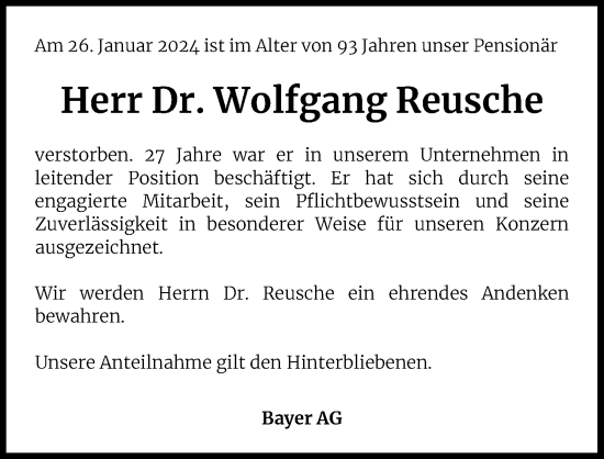 Anzeige von Wolfgang Reusche von Kölner Stadt-Anzeiger / Kölnische Rundschau / Express