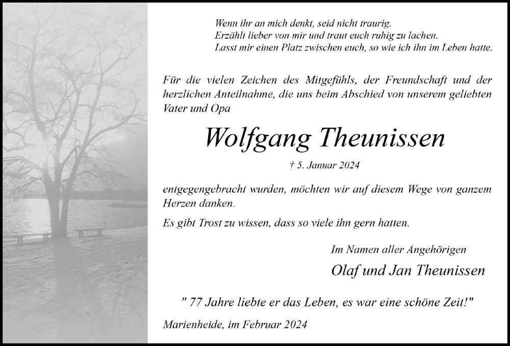  Traueranzeige für Wolfgang Theunissen vom 23.02.2024 aus  Anzeigen Echo 