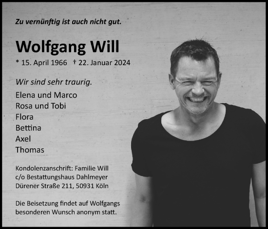 Anzeige von Wolfgang Will von Kölner Stadt-Anzeiger / Kölnische Rundschau / Express