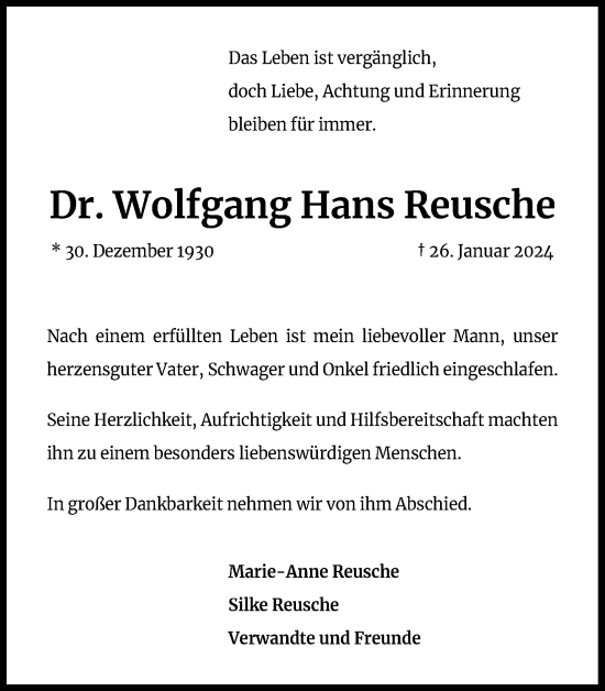 Anzeige von Wolfgang Hans Reusche von Kölner Stadt-Anzeiger / Kölnische Rundschau / Express