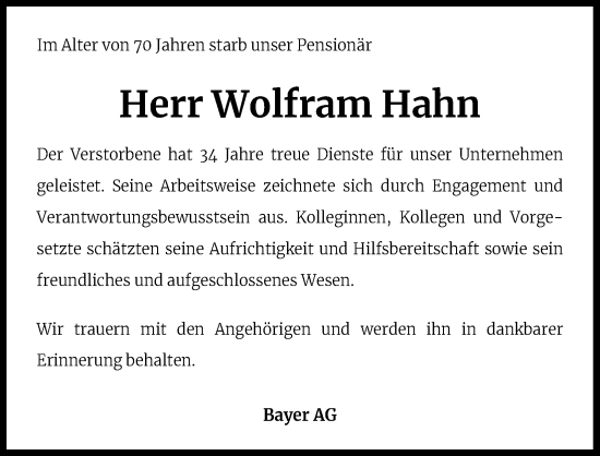 Anzeige von Wolfram Hahn von Kölner Stadt-Anzeiger / Kölnische Rundschau / Express