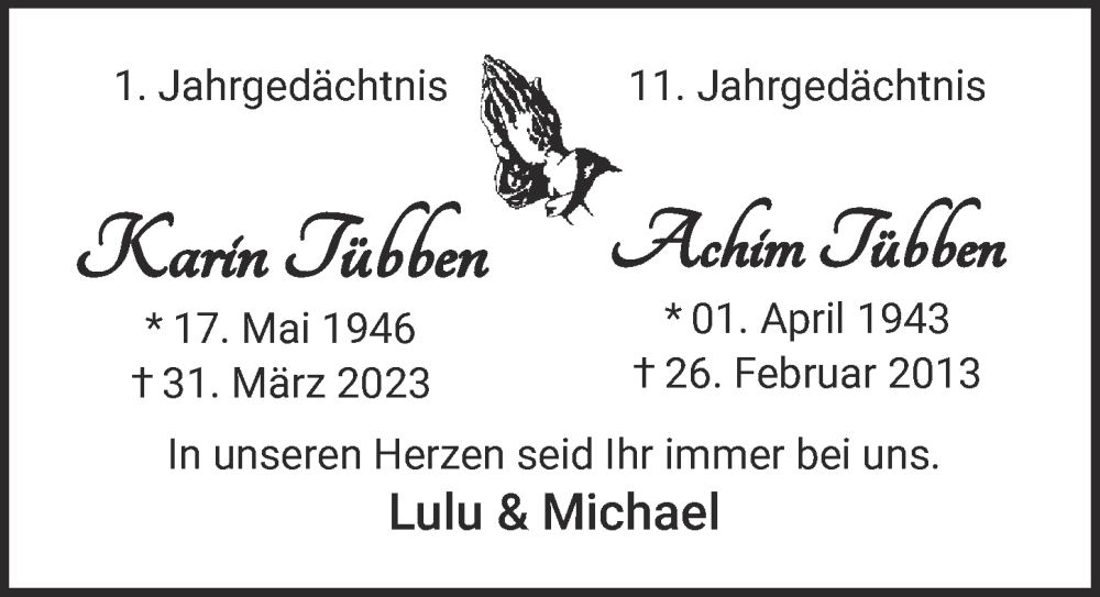  Traueranzeige für Achim Tübben vom 28.03.2024 aus  EXPRESS - Die Woche 
