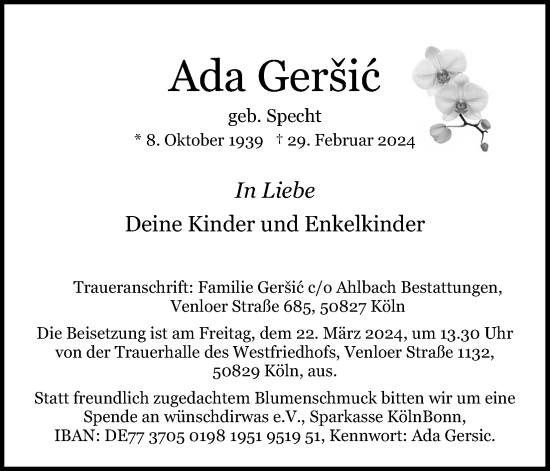 Anzeige von Ada Geršic von Kölner Stadt-Anzeiger / Kölnische Rundschau / Express