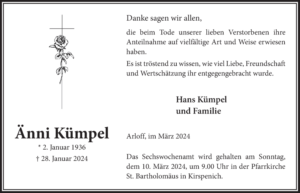  Traueranzeige für Änni Kümpel vom 02.03.2024 aus  Blickpunkt Euskirchen 