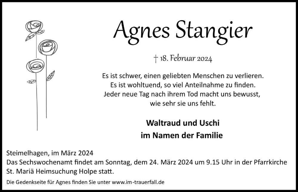  Traueranzeige für Agnes Stangier vom 15.03.2024 aus  Lokalanzeiger 