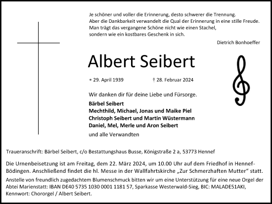 Anzeige von Albert Seibert von Kölner Stadt-Anzeiger / Kölnische Rundschau / Express