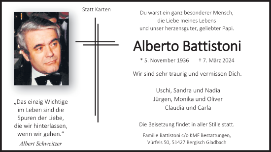 Anzeige von Alberto Battistoni von Kölner Stadt-Anzeiger / Kölnische Rundschau / Express