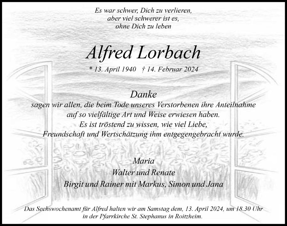  Traueranzeige für Alfred Lorbach vom 30.03.2024 aus  Blickpunkt Euskirchen 