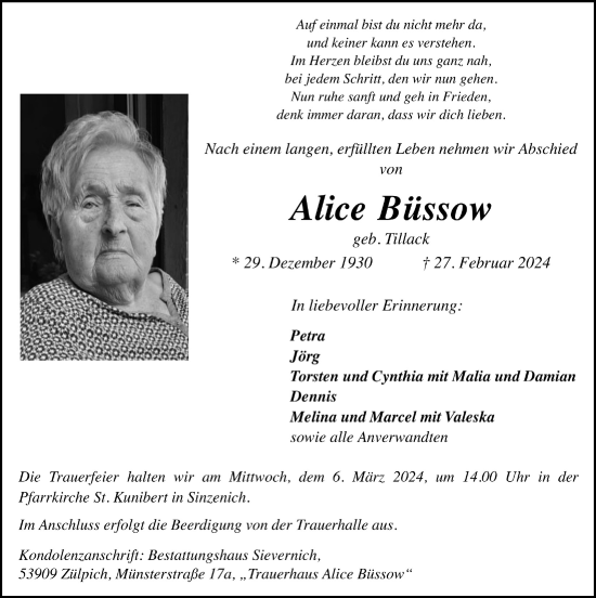 Anzeige von Alice Büssow von  Blickpunkt Euskirchen 