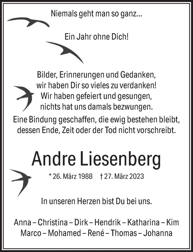  Traueranzeige für Andre Liesenberg vom 18.07.2023 aus  Werbepost 