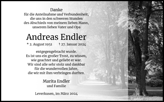 Anzeige von Andreas Endler von Kölner Stadt-Anzeiger / Kölnische Rundschau / Express