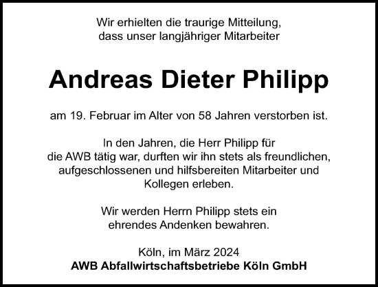 Anzeige von Andreas Dieter Philipp von Kölner Stadt-Anzeiger / Kölnische Rundschau / Express