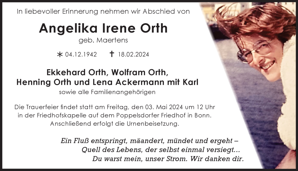  Traueranzeige für Angelika Irene Orth vom 15.03.2024 aus  Schaufenster/Blickpunkt 