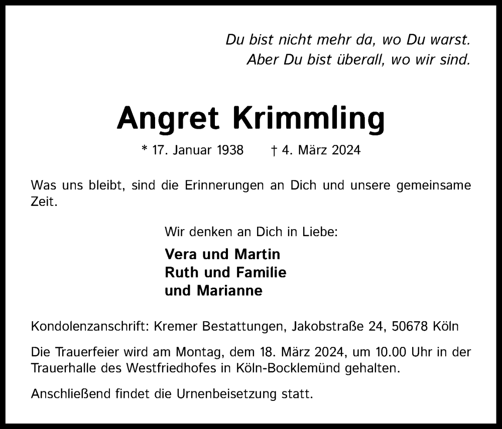  Traueranzeige für Angret Krimmling vom 16.03.2024 aus Kölner Stadt-Anzeiger / Kölnische Rundschau / Express