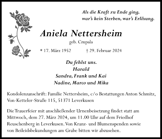 Anzeige von Aniela Nettersheim von Kölner Stadt-Anzeiger / Kölnische Rundschau / Express