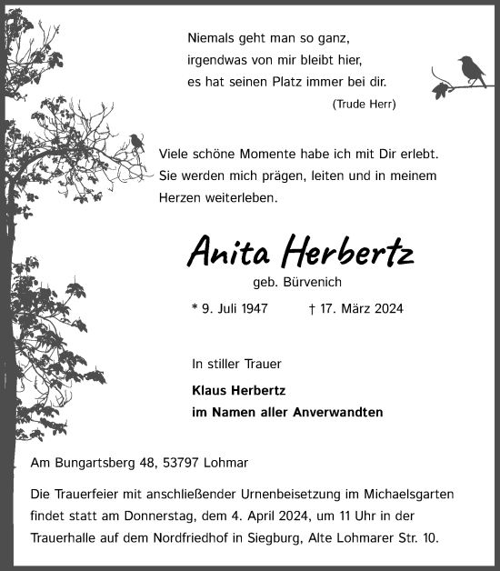 Anzeige von Anita Herbertz von Kölner Stadt-Anzeiger / Kölnische Rundschau / Express
