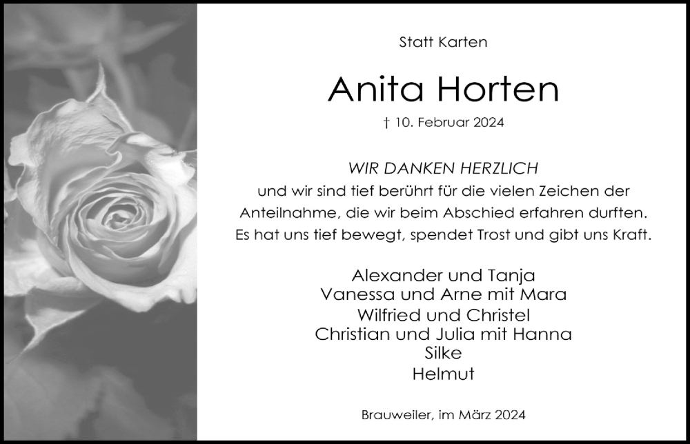  Traueranzeige für Anita Horten vom 22.03.2024 aus  Wochenende 