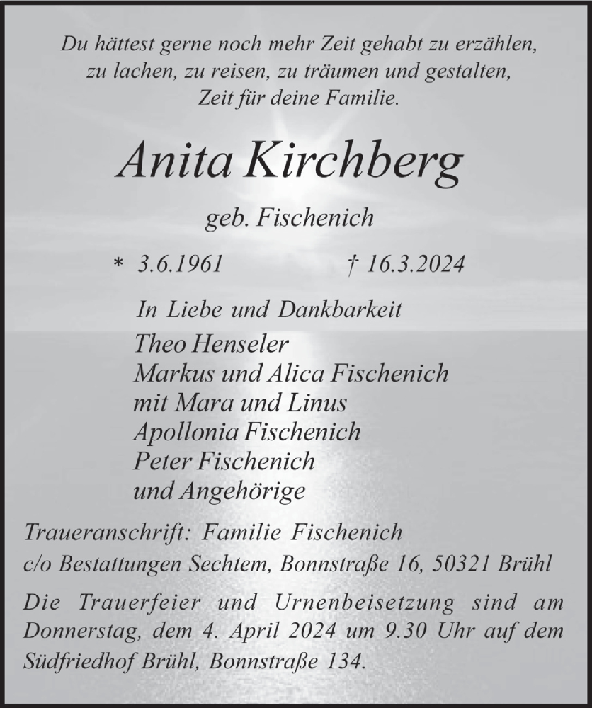  Traueranzeige für Anita Kirchberg vom 28.03.2024 aus  Schlossbote/Werbekurier 