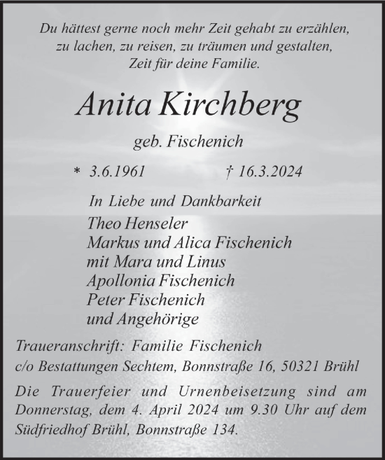 Anzeige von Anita Kirchberg von  Schlossbote/Werbekurier 