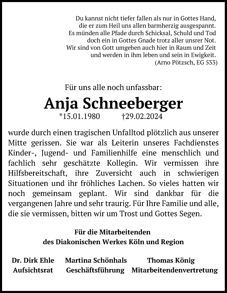  Traueranzeige für Anja Schneeberger vom 16.03.2024 aus Kölner Stadt-Anzeiger / Kölnische Rundschau / Express
