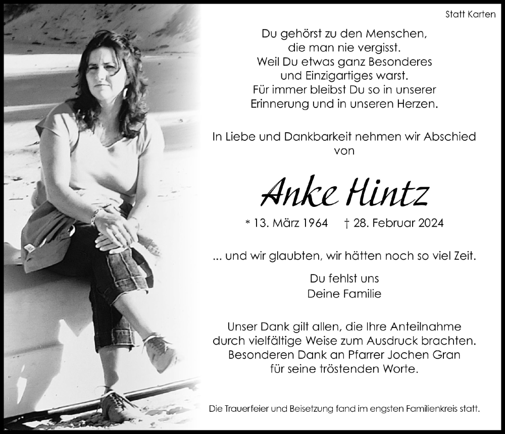  Traueranzeige für Anke Hintz vom 22.03.2024 aus  Lokalanzeiger 