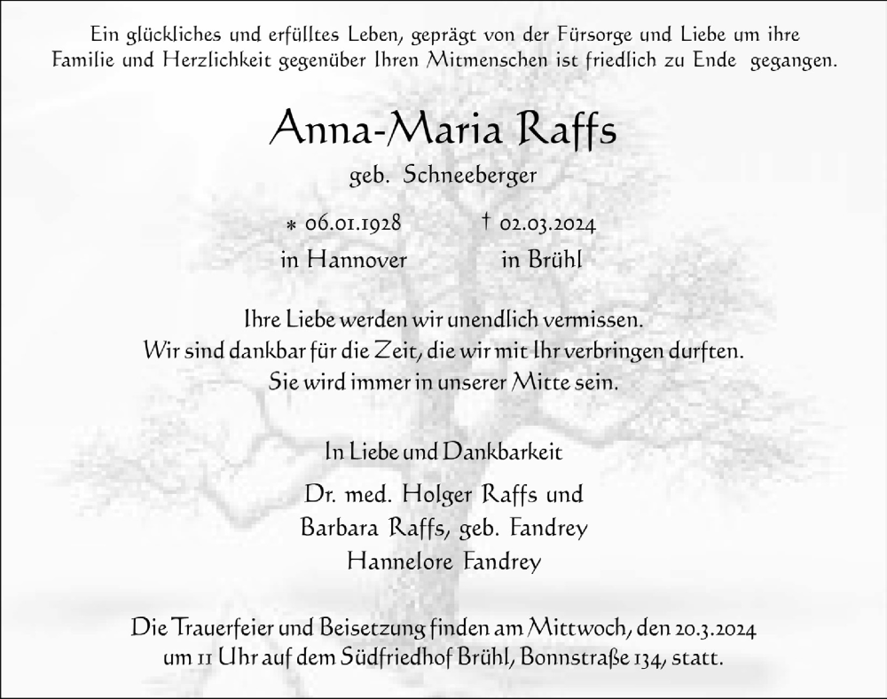  Traueranzeige für Anna-Maria Raffs vom 15.03.2024 aus  Schlossbote/Werbekurier 