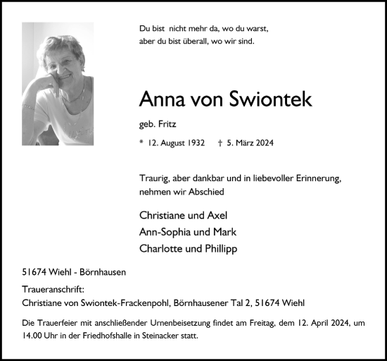 Anzeige von Anna von Swiontek von  Anzeigen Echo 