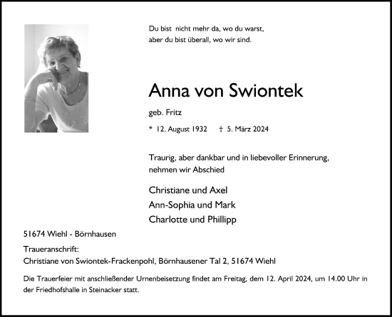 Anzeige von Anna von Swiontek von Kölner Stadt-Anzeiger / Kölnische Rundschau / Express