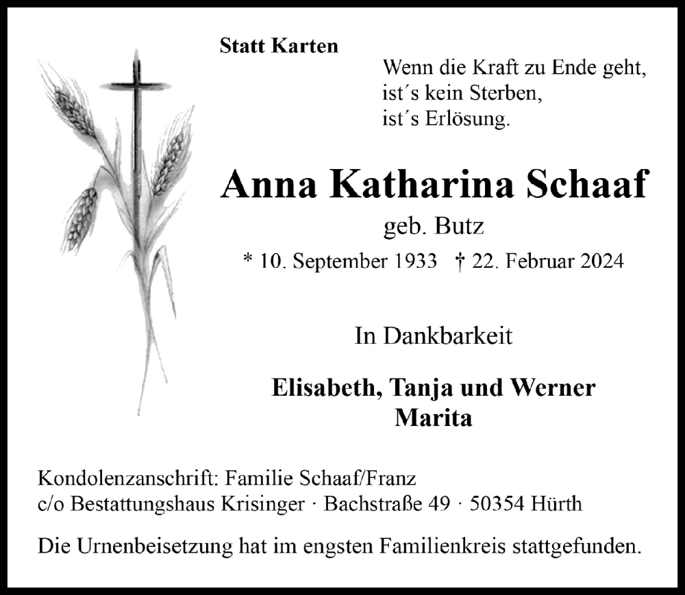  Traueranzeige für Anna Katharina Schaaf vom 15.03.2024 aus  Wochenende 