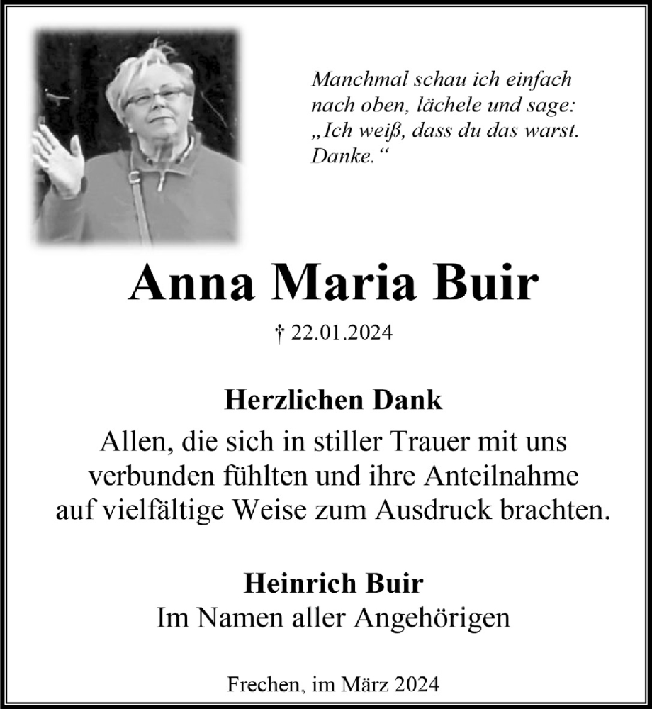  Traueranzeige für Anna Maria Buir vom 08.03.2024 aus  Wochenende 