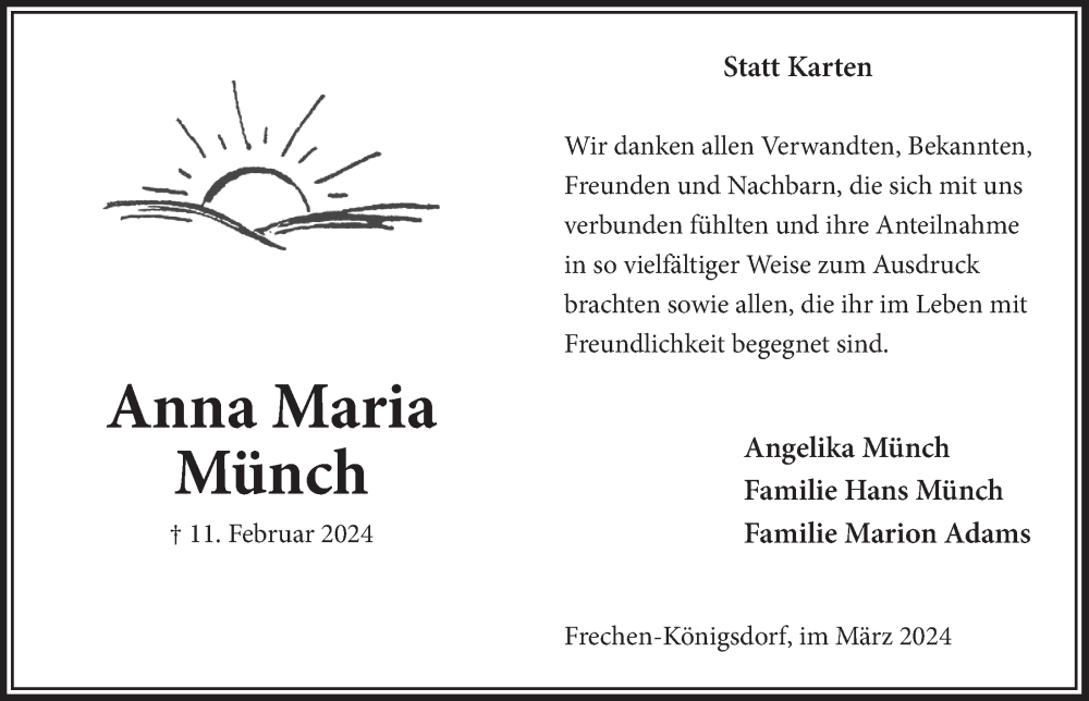  Traueranzeige für Anna Maria Münch vom 15.03.2024 aus  Wochenende  Werbepost 