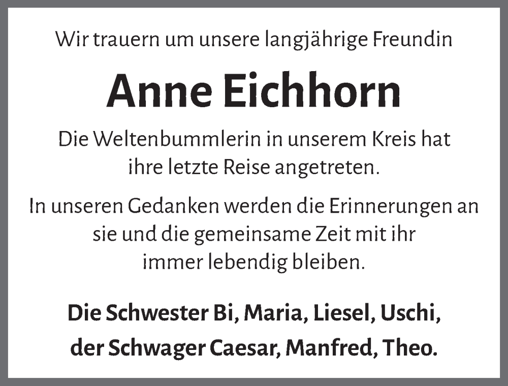  Traueranzeige für Anne Eichhorn vom 30.03.2024 aus  Blickpunkt Euskirchen 