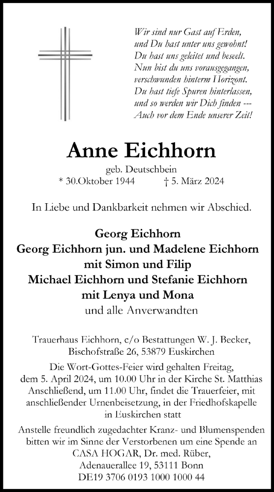  Traueranzeige für Anne Eichhorn vom 30.03.2024 aus  Blickpunkt Euskirchen 