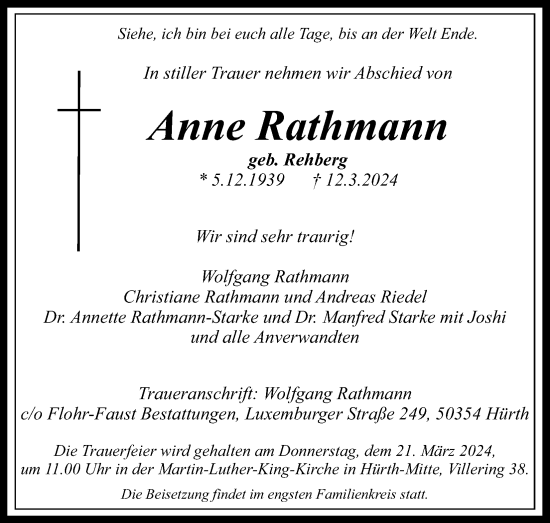 Anzeige von Anne Rathmann von Kölner Stadt-Anzeiger / Kölnische Rundschau / Express