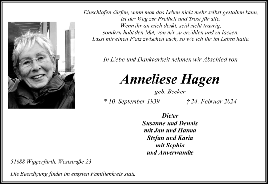 Anzeige von Anneliese Hagen von Kölner Stadt-Anzeiger / Kölnische Rundschau / Express