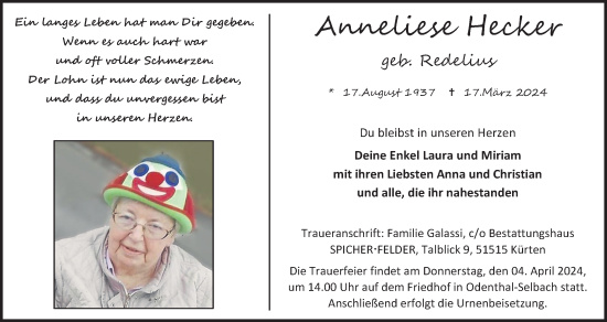 Anzeige von Anneliese Hecker von Kölner Stadt-Anzeiger / Kölnische Rundschau / Express